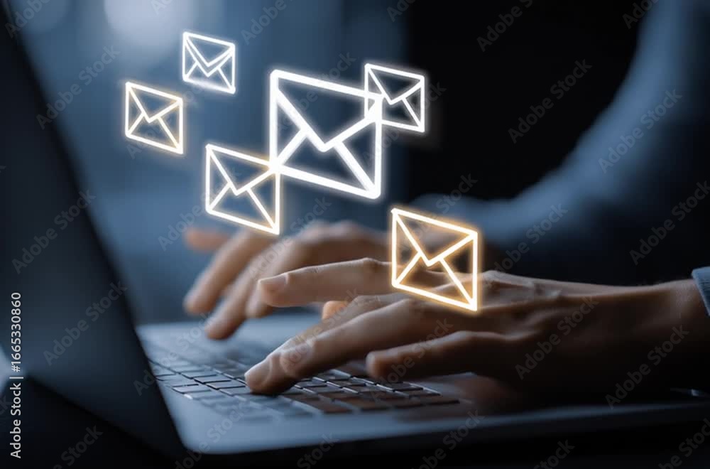 Manos tecleando en laptop portátil con iconos de correo electrónico flotando, concepto de comunicación digital y productividad