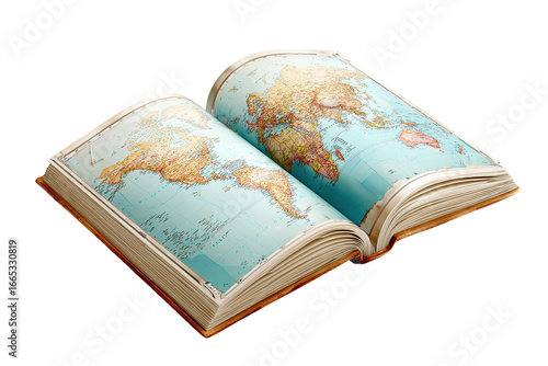 Open antique book with world map, isolated on white transparent background