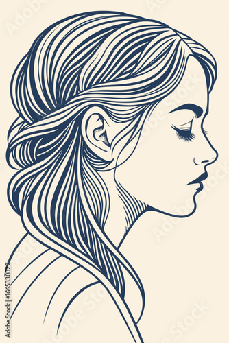 Elegant vector silhouette of a woman’s profile with long eyelashes and flowing hair made of smooth engraved lines in Prussian blue on textured beige paper