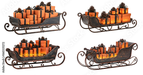 Four miniature christmas sleighs with gifts isolated on transparent background, perfect for adding a touch of festive charm to your holiday decor