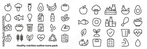 Healthy nutrition outline icons featuring a variety of food items, beverages, and fitness elements