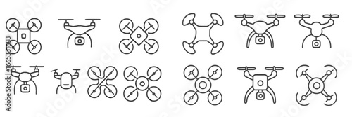 Line art illustrations of various drone designs showcasing unique features and styles for creative applications