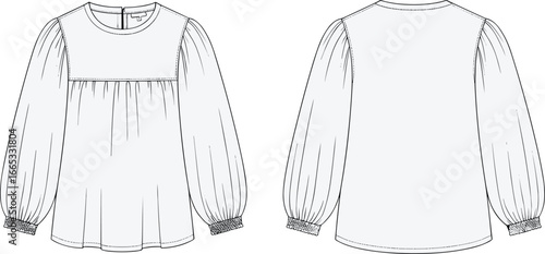 Vector technical flat of women's long puff sleeve blouse with yoke front, smocked cuffs, round neckline, front and back views, fashion garment template