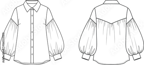 Vector technical flat of women's long puff sleeve blouse with button front, collar, cuffs, and yoke detail, front and back views, fashion design template