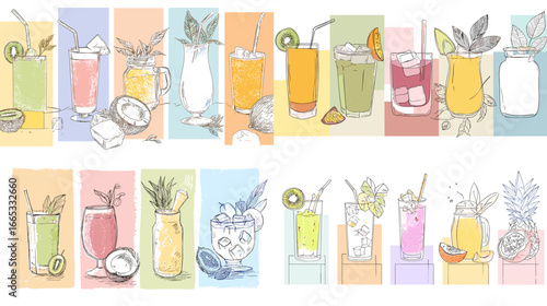Hand-drawn colorful drinks with fruits, herbs, and ice. Fun beverage illustration perfect for summer, cocktails, cafes, and lifestyle design projects.