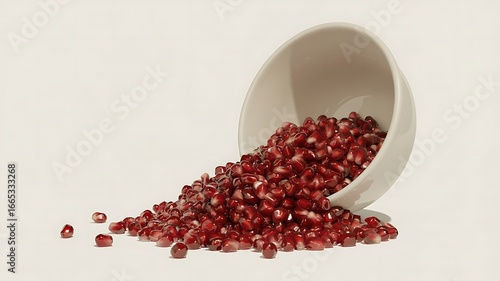 Pomegranate seeds spilling from a white bowl arils