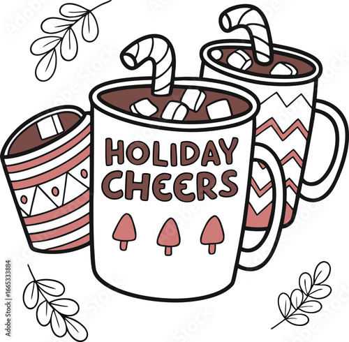 Vector illustration of a cup of coffee and a cup of tea, with milk and fruit, for a breakfast food and drink design set