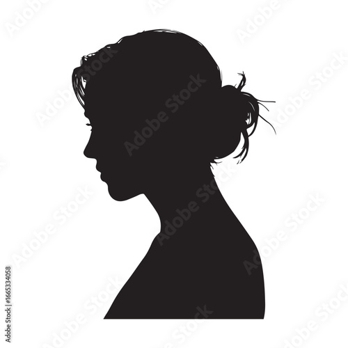 Black silhouette profile of a woman with hair in a bun on white background female head