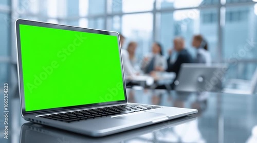 laptop with green screen on desk in office