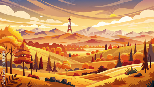 Autumnal shades spread across rolling Eifel landscape, hills glowing warmly, timeless trees whisper golden calm, horizon breathes harmony, radiant beauty inspires peace, eternal seasonal charm unfolds