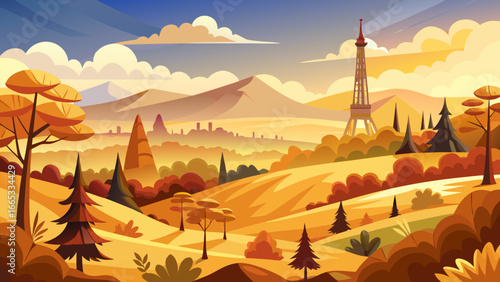 Autumnal shades spread across rolling Eifel landscape, hills glowing warmly, timeless trees whisper golden calm, horizon breathes harmony, radiant beauty inspires peace, eternal seasonal charm unfolds
