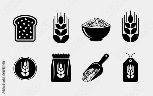 Black and White Vector Set of Grain and Bakery Products Icons Representing Harvest and Food Production with Toast and Wheat Symbols