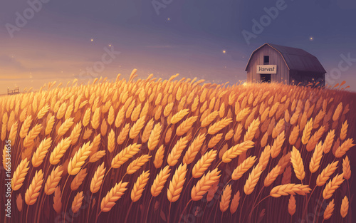 Golden wheat field at sunset with rustic barn in the distance and magical sky for agricultural and rural concepts
