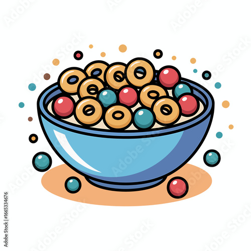 Bowl of Colorful Cereal Cartoon Illustration with Rings and Spheres on a White Background Ideal for Breakfast Themed Designs