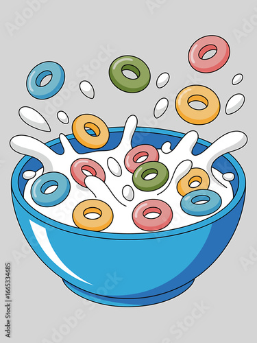 Bowl of colorful cereal loops with splashing milk a vibrant and delicious breakfast treat for kids and adults perfect for a sweet start to the day