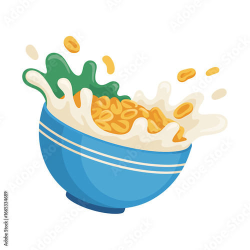 Delicious Cereal Bowl with Milk Splash Illustration for Breakfast Morning Routine and Healthy Eating Promotion with Vibrant Colors