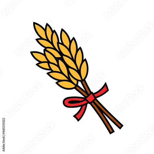 Sheaf of Wheat with Red Ribbon Illustration Symbolizing Harvest Abundance and Agricultural Prosperity on White Background