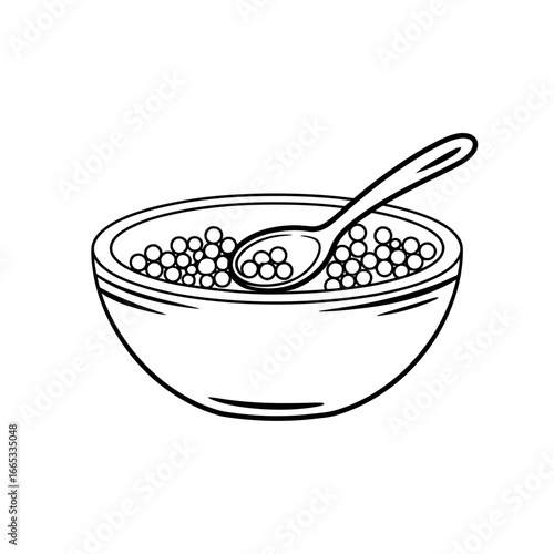 Bowl of Cereal with Spoon Black and White Line Art Illustration Breakfast Morning Food Concept Fresh Clean Minimalist Design