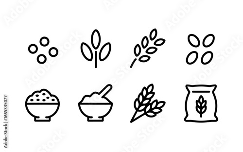 Set of line icons representing rice and grain products perfect for agriculture and food related designs in minimalist style