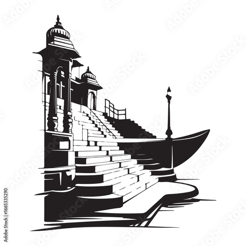 Black and white graphic of ancient stone steps leading to a temple structure architecture building