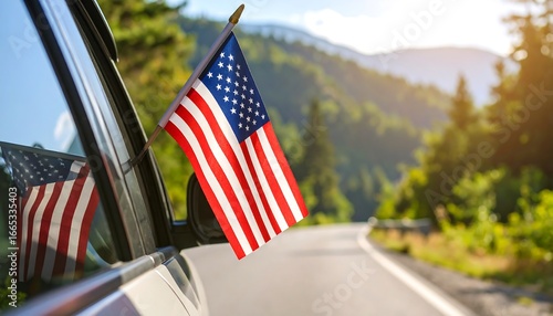 USA flag with car, road trip, and mountains.