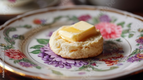 Organic butter pat melting on warm homemade biscuit with vintage floral plate underneath