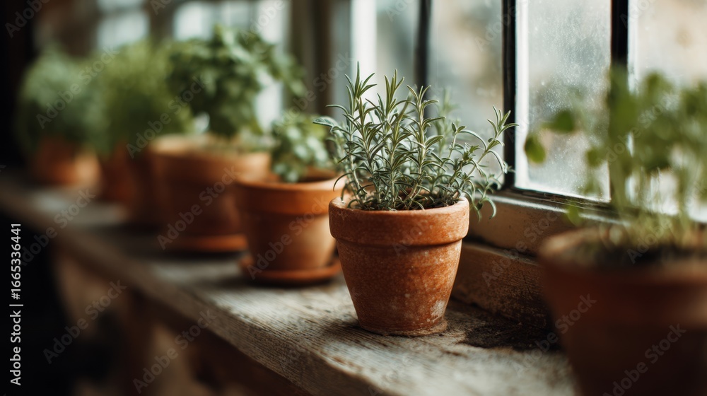 Fototapeta premium Fresh herbs in small terracotta pots on sunny windowsill
