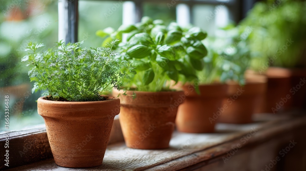 Fresh herbs in small terracotta pots on sunny windowsill Fresh herbs in small terracotta pots on sunny windowsill