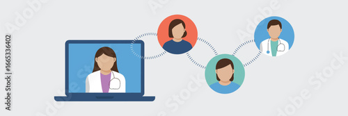 Illustration of a female doctor on a laptop screen connected to other people via dotted lines online health care