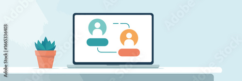 Laptop screen displaying a connection diagram with two stylized figures and a potted plant nearby