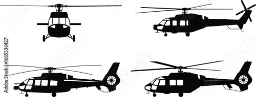 Set of helicopter silhouettes in different angles, black aircraft icons for aviation, rescue, transportation, military, flight design, vector illustration collection