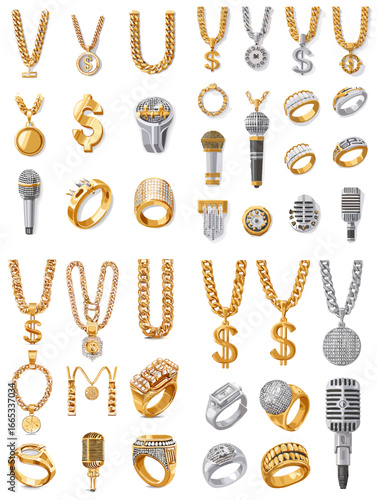 Collection of gold and silver hip-hop jewelry including chains, rings, pendants, and microphones. Luxury rap accessories illustration perfect for fashion and music design.