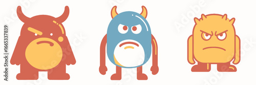 Cartoon monsters with grumpy expressions are perfect for children's illustration and fun designs for apparel or branding with a whimsical, playful vibe
