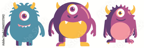 Whimsical monster trio perfect for children's books, vibrant and charming, adds a playful touch to any project, ideal for educational materials