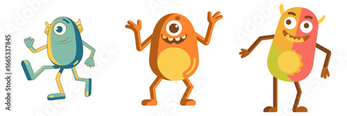 Cute colorful cartoon monsters inviting you to a playful adventure, perfect for children's books, educational materials, and fun marketing campaigns