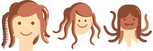 Quirky cartoon characters with octopus tentacles for hair bring a playful, whimsical touch to design projects and add unique personality to any creative work