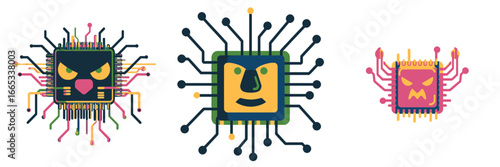 Cartoon computer chips embodying cybersecurity threats, showing virus, malware, and digital protection with expressive faces and vibrant colors for tech concepts