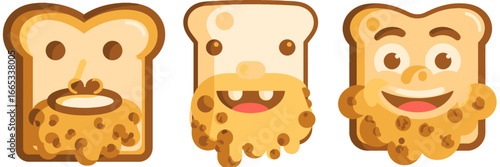 Quirky toast characters with beards offer a fun breakfast concept, perfect for food blogs, children's menus, or playful brand mascots