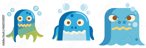 Playful cartoon monster trio with quirky expressions and whimsical bubbles, ideal for children's designs, games, or educational content about emotions