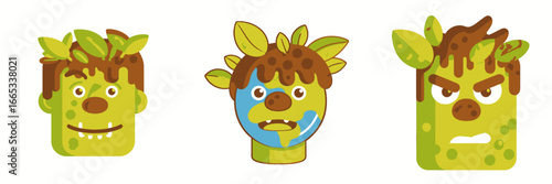 Expressive earth monsters with leaves and mud hair showcase a range of emotions perfect for educational resources or creative projects, engaging and fun