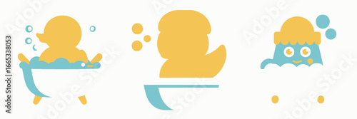 Cheerful rubber ducks enjoying bubbly baths, a whimsical illustration for kids' products, bath time fun, and adorable bathroom decor themes