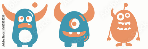 Delightful cartoon monster trio with unique expressions, perfect for adding a playful touch to children's books, educational materials, and vibrant party decorations