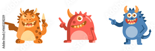 Playful cartoon monsters pointing directions, perfect for children's designs, educational resources, or fun branding projects with vibrant and imaginative characters