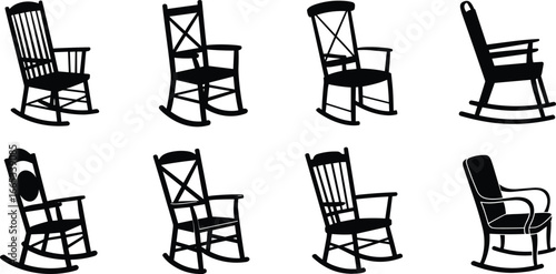 Rocking chair silhouette vector set, vintage wooden rocker illustrations, antique furniture collection, rustic armchair designs, classic relaxation chair icons
