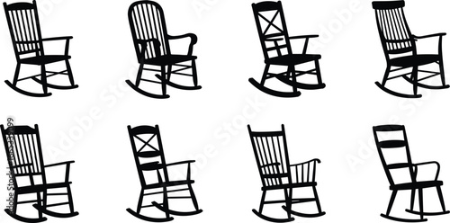 Rocking chair silhouette set, vintage wooden rocker icons, rustic furniture vector collection, antique armchair illustrations, traditional relaxation chair designs