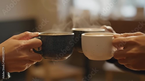 Close-Up of Friends Toasting with Steaming Hot Coffee Mugs in a Cozy Cafe.