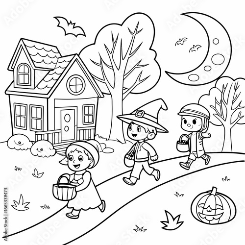Vector illustration of Halloween Children Trick Or Treat .coloring page black and white
