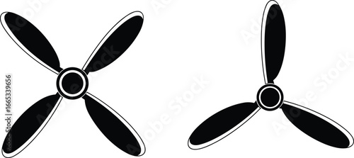 Outlined airplane propeller vector set with three blade and four blade aviation propeller designs, aircraft engine rotor silhouette illustration