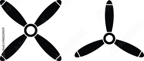 Airplane propeller silhouette vector set with three blade and four blade aviation prop designs, aircraft engine rotor illustration collection