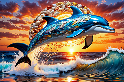 3d embossed mosaic of a dolphin jumping out of the crashing waves of the sea, illustration wallpaper 